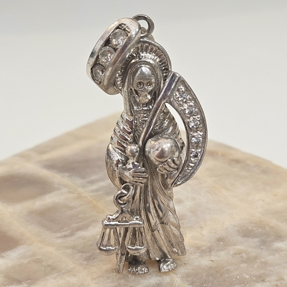 Santa Muerta Sterling Silver Dangling Scale CZ 925 Pendant 14 Grams - Picture 1 of 12